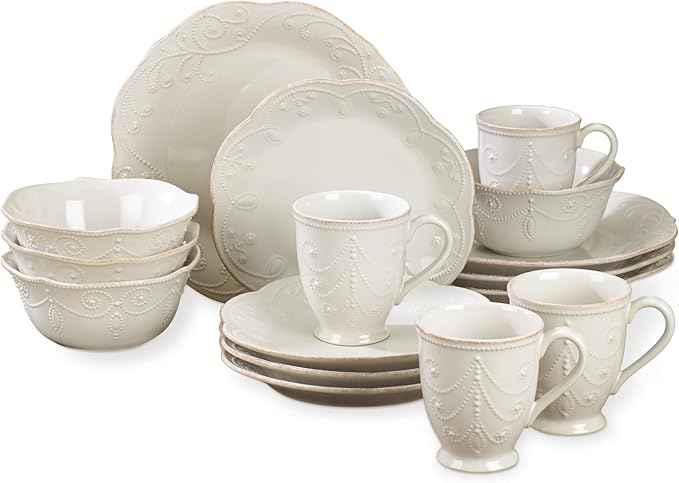 Lenox Dinnerware Set, French Perle White 16-Piece Set, Service For 4, Stoneware Material, Dishwasher Safe, Microwave Safe, Plates, Bowls, Mugs, Plates and Bowls, Dishes (White, 16 Piece)