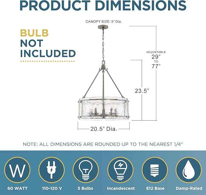Quoizel Fortress Pendant Lighting, 21 Inch 5-Light Mottled Silver Drum Light, Max Adjustable Height 77", Textured Glass Pendant Light for Kitchen Island, Dining, Hallway or Bedroom