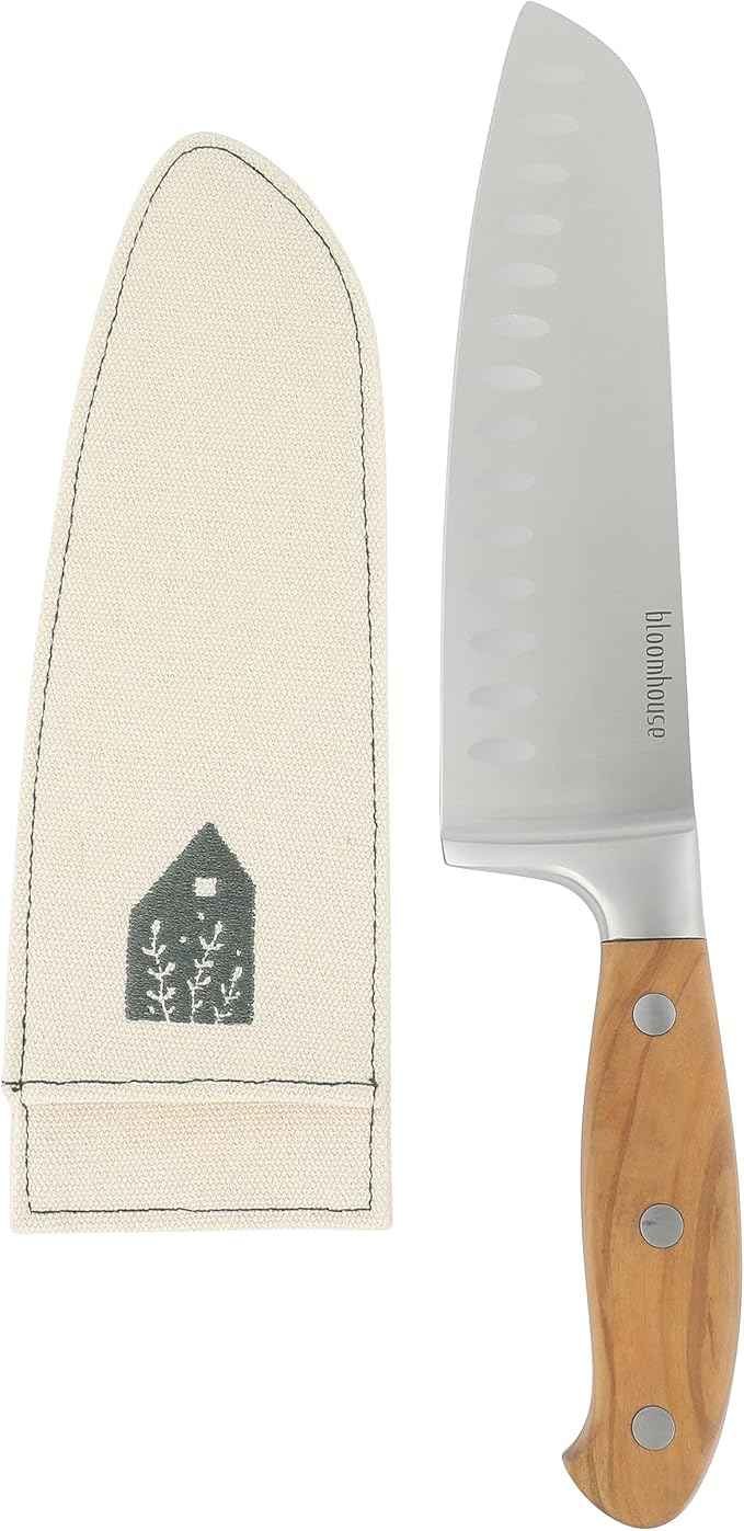 Bloomhouse - Two Time Oprah's Favorite Things Winner - 7-Inch Santoku Knife – German Stainless Steel Blade with Forged Italian Olive Wood Handle, Full Tang Kitchen Knife for Slicing Dicing & Mincing