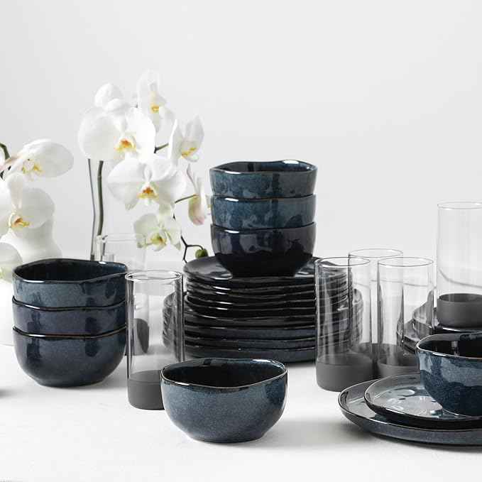 Stone + Lain Mirella 32-Piece Dinnerware and Glassware Set – Service for 8 – Includes Stoneware Plates, Bowls & 8 Tall Borosilicate Glasses – Deep Blue Reactive Glaze Finish