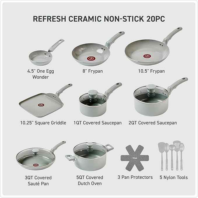 T-Fal Refresh Ceramic Pots and Pans Set, 20-Piece Nonstick Cookware Set, Stockpot, Griddle, Frying Pans, Utensils, Moon Grey