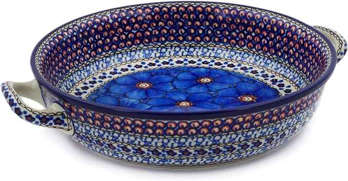 Polmedia Polish Pottery Round Baker with Handles 10-inch UNIKAT - Cobalt Poppies Pattern Handmade in Boleslawiec Poland by Ceramika Artystyczna + Certificate of Authenticity