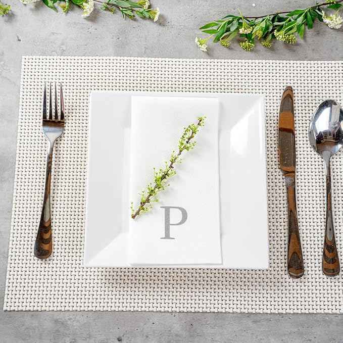 Luxenap 15.8 X 7.9 Inch Linen-Feel Guest Towels, 2000 Lettered Hand Towels - Silver Letter 'P', Sans Serif Font, White Paper Dinner Napkins, airlaid, For Restrooms And Tables - Restaurantware