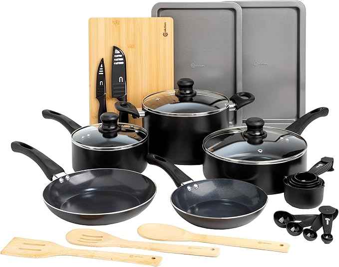 Ecolution Easy Clean Ceramic Nonstick Cookware Set, Dishwasher Safe Kitchen Pots and Pans Set, Comfort Grip Handle, Even Heating, Ultimate Food Release, 26-Piece, Black