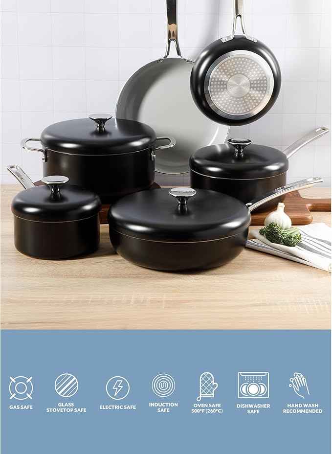 Sur La Table Kitchen Essentials Potluck Porch 10 Piece PFA Free Ceramic Non stick Interior Forged Aluminum Cookware Pots and Pans Set W/Aluminum Lids - Black - Induction Compatible