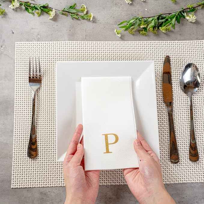 Luxenap 15.8 X 7.9 Inch Linen-Feel Guest Towels, 2000 Lettered Hand Towels - Gold Letter 'P', Sans Serif Font, White Paper Dinner Napkins, airlaid, For Restrooms And Tables