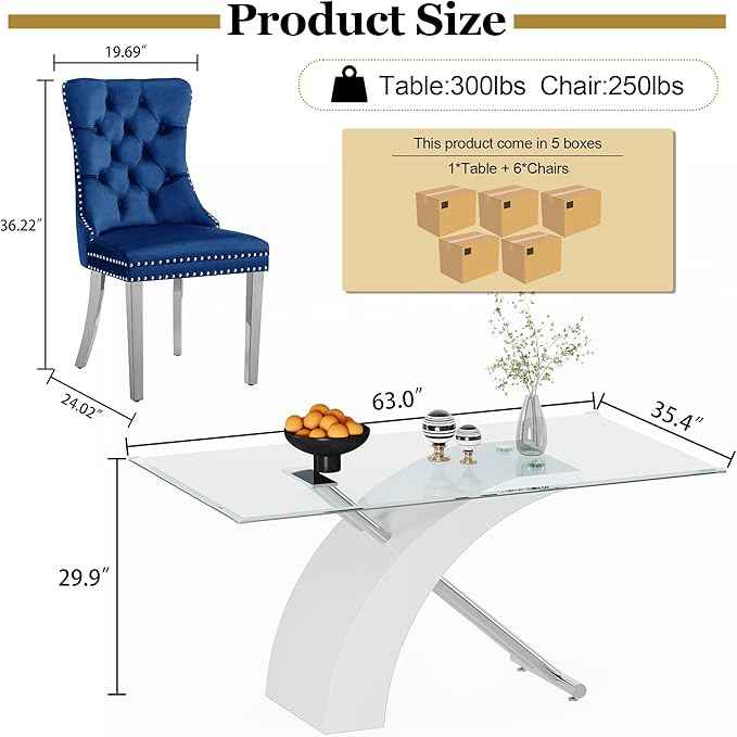 7 Piece Glass Dining Table Set for 6, 63" Modern Kitchen Table with 6 Blue Velvet Chairs, Tempered Glass Tabletop with White X-Shaped MDF Base, Modern Dining Room Set for Kitchen and Dining Room