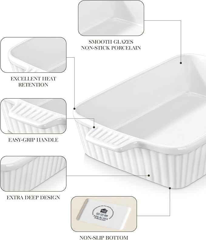 MALACASA Porcelain Casserole Dish Set for Oven, Bakeware Set of 5, (9.5"/11.25"/12.75"/14.5"/15.6"), Series BAKE-BAKE