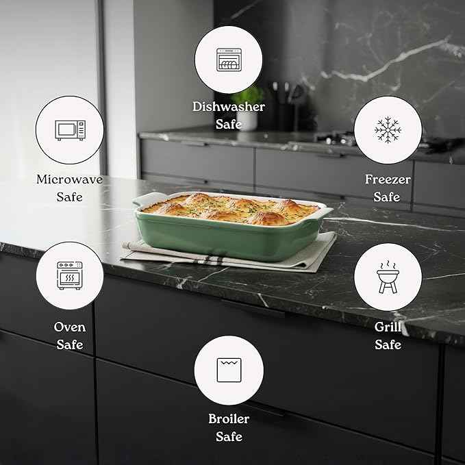 Stoneware Casserole Dish Bakeware Set of 3 | Rectangular Dinnerware Set with Handles [Glossy White]