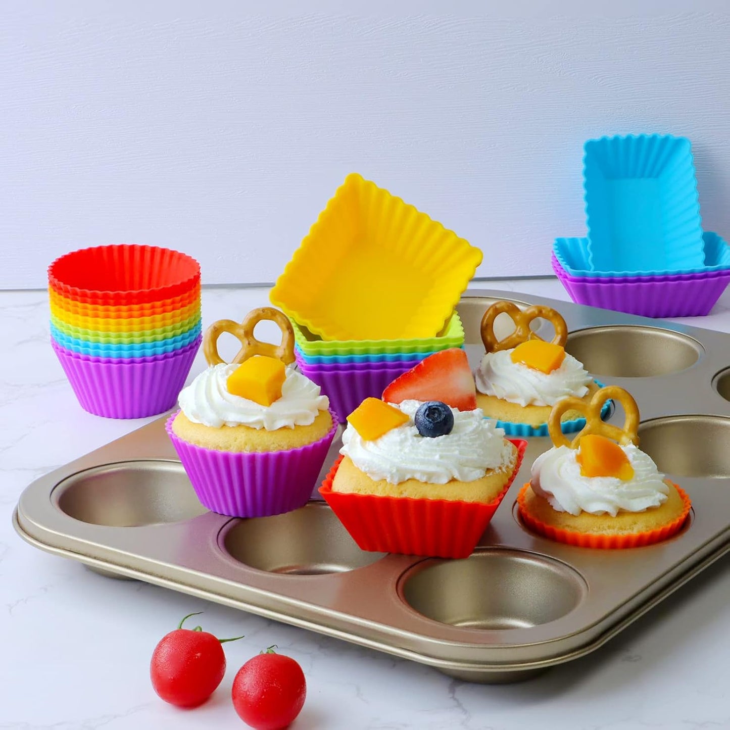 36-Pack Silicone Cupcake Liners, Reusable Muffin Cups – Round, Square & Rectangle Baking Cups, Non-Stick, Easy to Clean, Bento Box Accessories, Lunch Box Dividers for Kids(36 Liners + 20 Animal Picks)