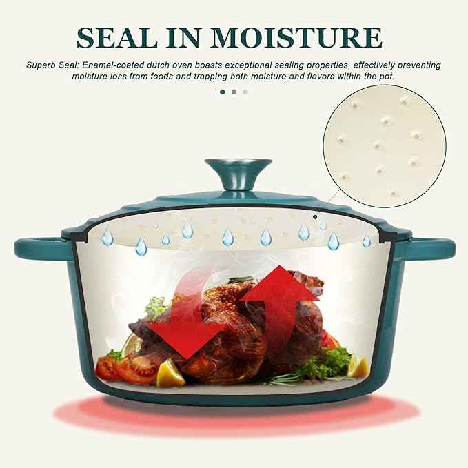 Overmont Enameled Cast Iron Dutch Oven - 4.5QT Pot with Lid Cookbook & Cotton Potholders - Heavy-Duty Cookware for Braising, Stews, Roasting, Bread Baking bottle green