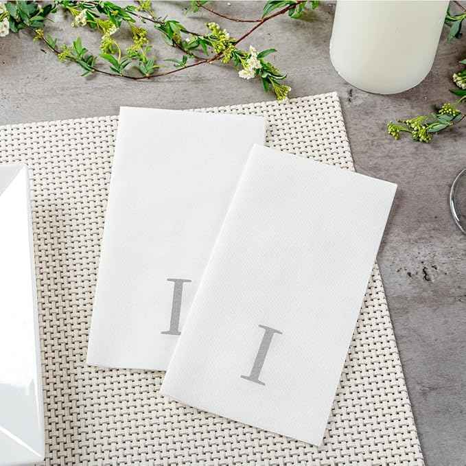 Luxenap 15.8 X 7.9 Inch Linen-Feel Guest Towels, 50 Lettered Hand Towels - Silver Letter 'I', Sans Serif Font, White Paper Dinner Napkins, airlaid, For Restrooms And Tables - Restaurantware
