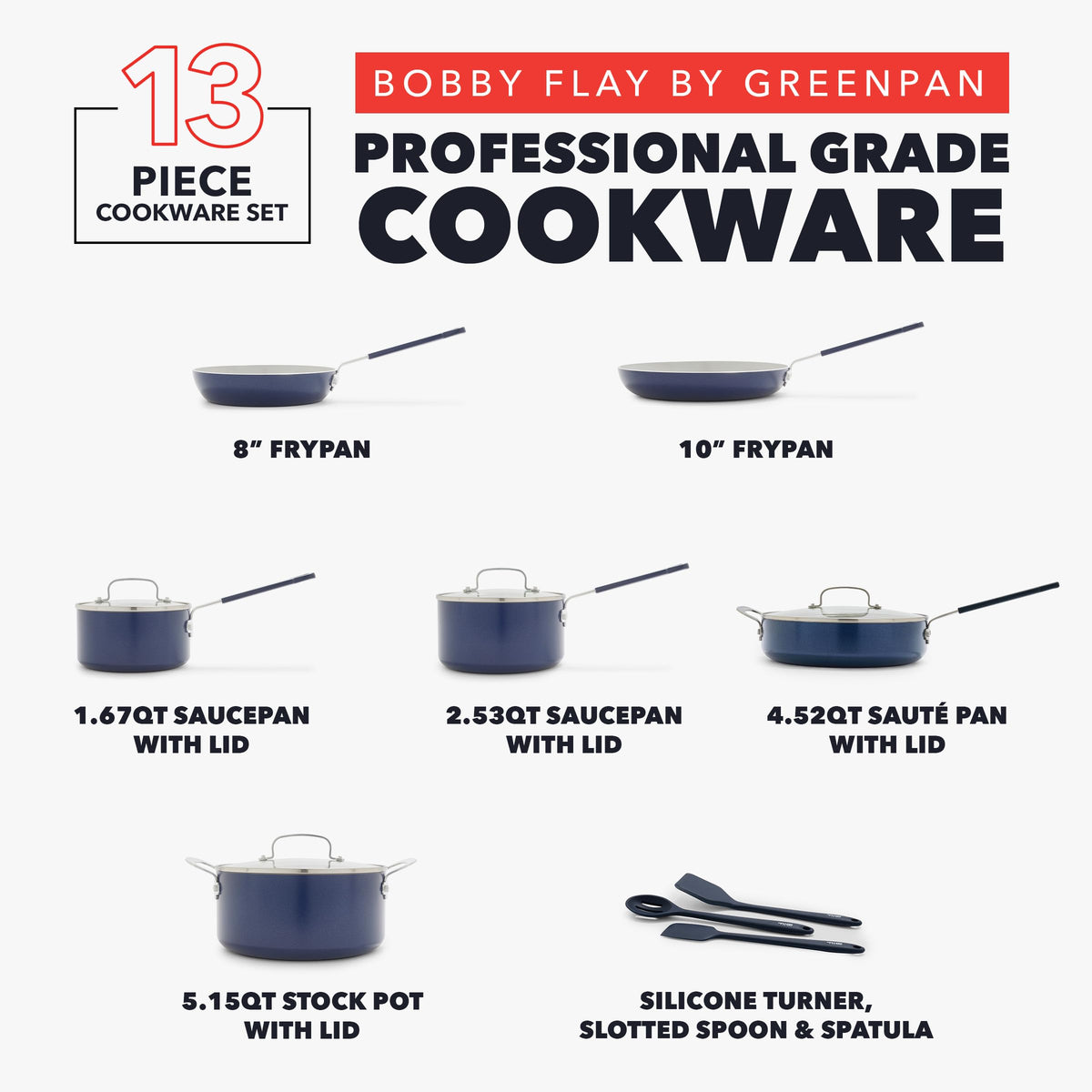 x Bobby Flay 13 Piece Nonstick Cookware Pots and Pans Set (13 Piece Cookware Set / Navy Blue)