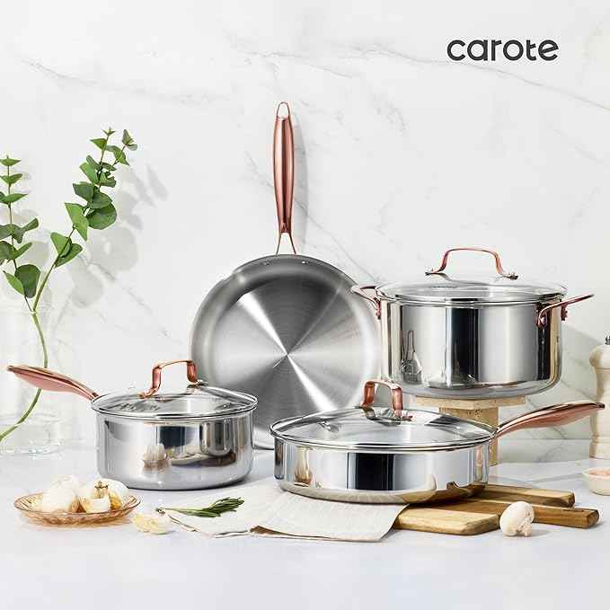CAROTE 21pcs Tri-Ply Stainless Steel Cookware Set, Pots and Pans Set, Non Toxic Induction Kitchen Cooking Sets, Cookware Collection, Mirror Polish, Gold