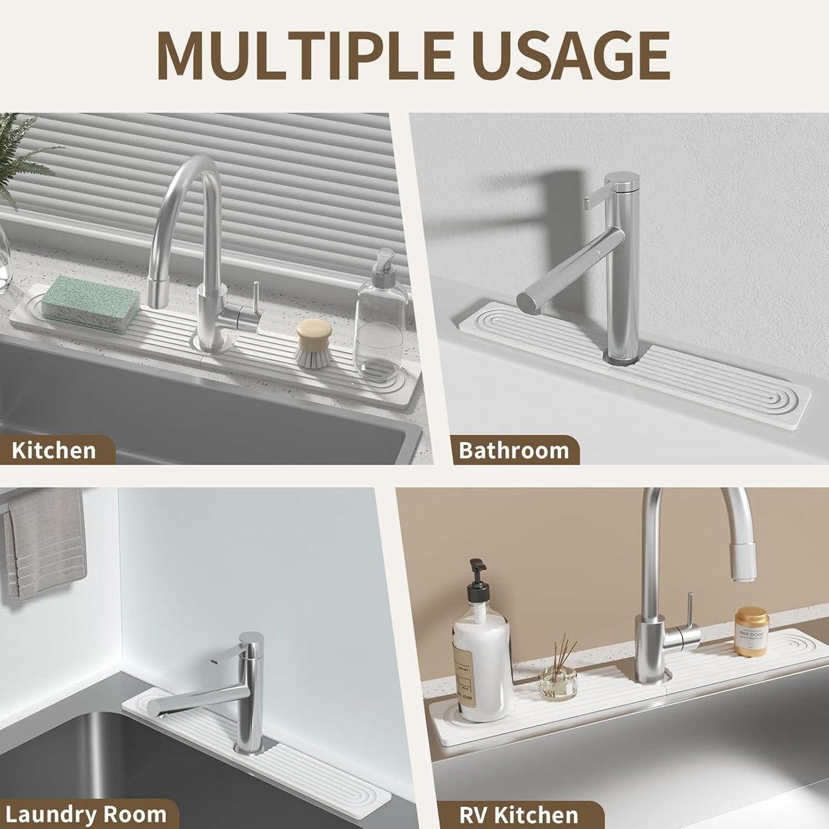 Faucet Mat for Kitchen Sink, Diatomite Stone Drying Sink Protectors, Bathroom Faucet Splash Guard, Quick Dry Water Absorbing, Non-Slip Stone Tray for Kitchen Counter, White, 20" x 3.9" - HomeSpice