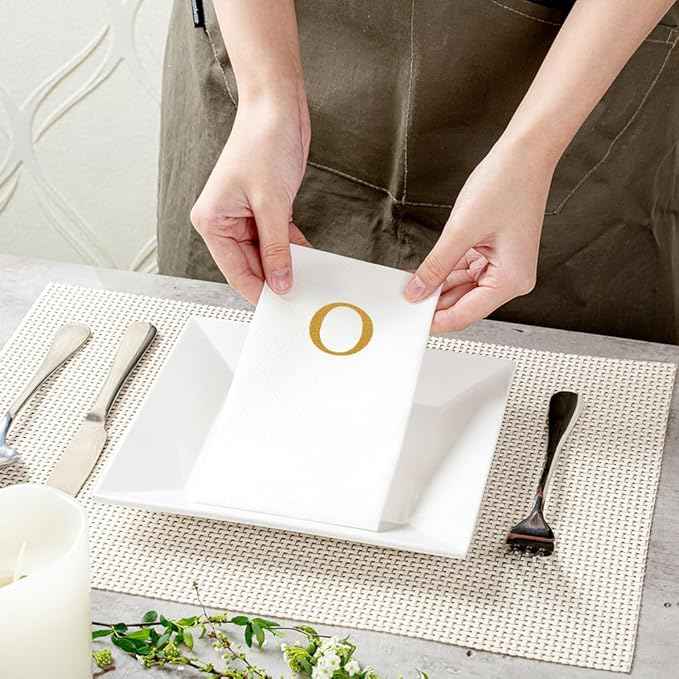 Luxenap 15.8 X 7.9 Inch Linen-Feel Guest Towels, 50 Lettered Hand Towels - Gold Letter 'O', Sans Serif Font, White Paper Dinner Napkins, airlaid, For Restrooms And Tables