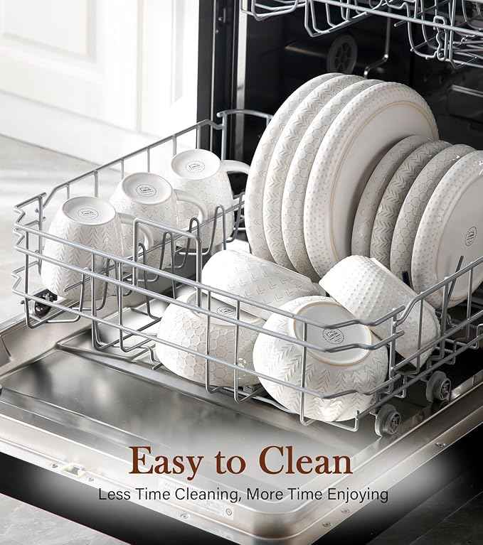 24 Piece Dinnerware Sets for 8 - Farmhouse Style Stoneware Plates and Bowls Sets - Scratch Resistant & Dishwasher Safe, Embossed Boho Ceramic Dish Set, Stack Compactly Dishware - Vintage White