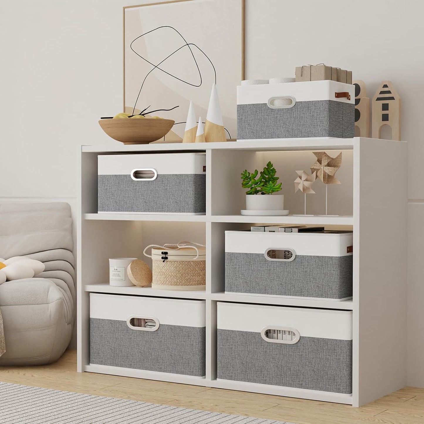 Yawinhe Fabric Storage Bins with Handles, Foldable Baskets for Shelves, Cubes with 3 Handles, Large Boxes for Clothes, White/Grey, 16.9''Lx11.8''Wx10.2''H, 6-Pack