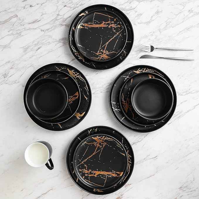 Stone Lain Porcelain 16 Piece Dinnerware set, 4 Full Black Gold Splash Sets