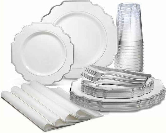 " OCCASIONS " 200 Piece set (25 Guests)-Wedding Plastic Plates & cutlery -Disposable heavyweight Dinnerware 10.5'', 8'' + Silverware + 10oz Cups + Napkins (Imperial in White & Silver Rim)