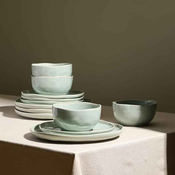 Stone Lain Mirella 24-Piece Dinnerware Set Stoneware, Plates and Bowls set, Microwave and Dishwasher Safe, Dish Set for 8, Light Green