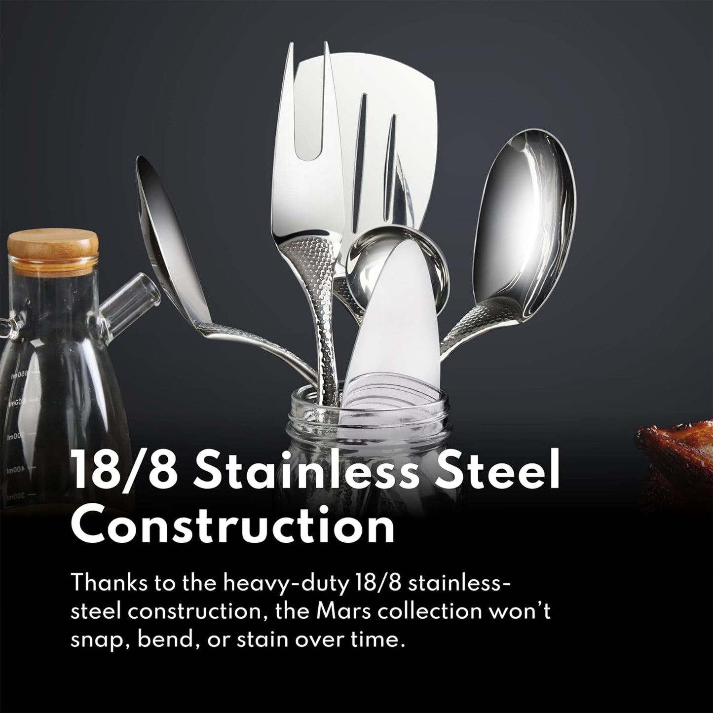 New Star Foodservice Mars Collection, Stainless Steel, 18/8 Hammered Hollow Handle Serving Fork, 13.5-Inch