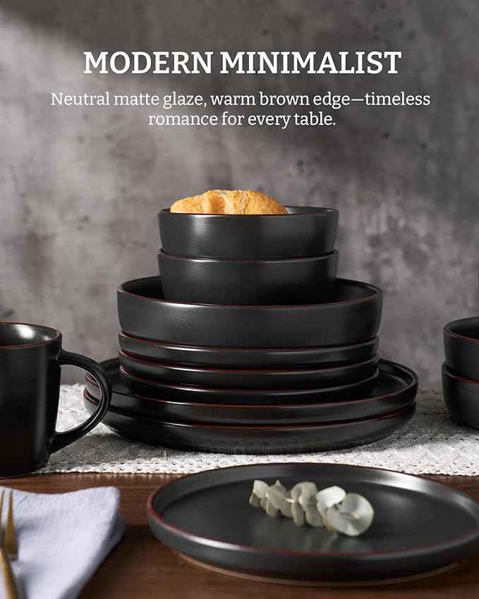 Famiware Mercury Dinnerware Sets with Mugs, Service for 4 (16 Pieces), Plates and Bowls Sets, Microwave and Dishwasher Safe Dishes Set, Matte Black