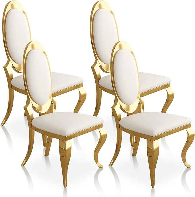 Modern Dining Chairs Set of 4, Luxury Faux Leather Upholstered Armless Dining Room Chair with Mirrored Stainless Steel Gold Legs, Mid Century Accent for Wedding Party Banquet Reception, White