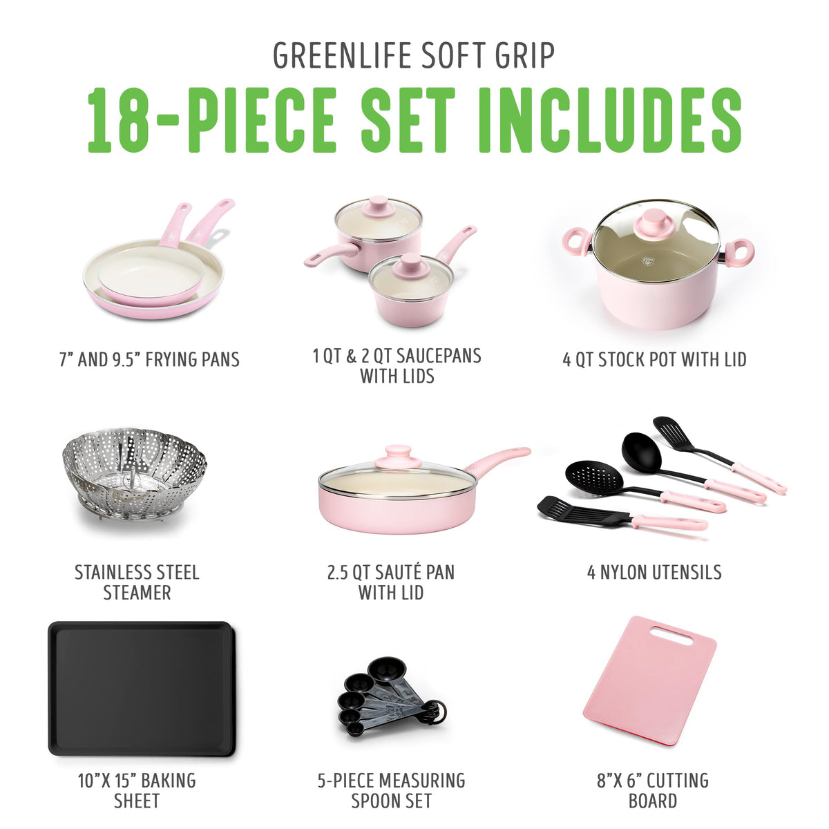 Soft Grip Healthy Ceramic Nonstick 18 Piece Kitchen Cookware Pots and Frying Sauce Saute Pans Set (18 Piece Cookware Set / Soft Pink)