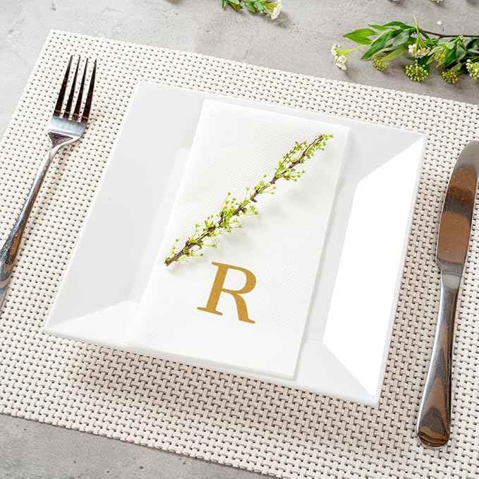Luxenap 15.8 X 7.9 Inch Linen-Feel Guest Towels, 50 Lettered Hand Towels - Gold Letter 'R', Sans Serif Font, White Paper Dinner Napkins, airlaid, For Restrooms And Tables