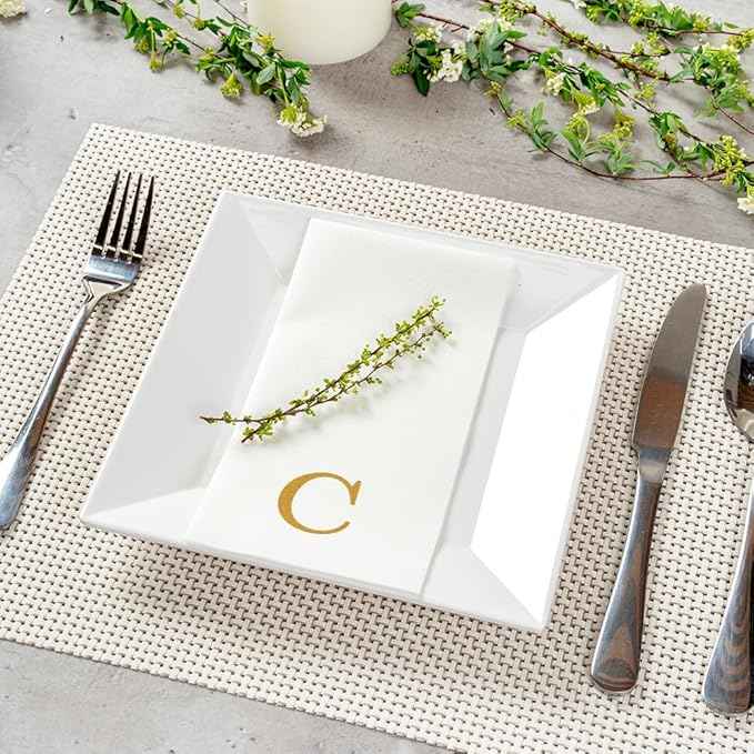 Luxenap 15.8 X 7.9 Inch Linen-Feel Guest Towels, 2000 Lettered Hand Towels - Gold Letter 'C', Sans Serif Font, White Paper Dinner Napkins, airlaid, For Restrooms And Tables - Restaurantware