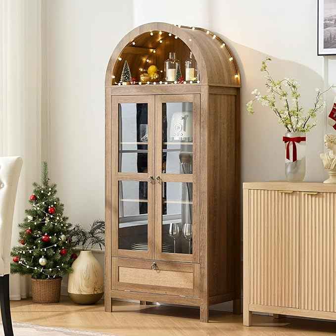 TYBOATLE 71" Tall Arched Pantry Cabinet with Innovative Drawer, Kitchen Cabinet with Anti-Tipping Device and Glass Door, Versatile Cupboard for Kitchen, Dining, Natrual