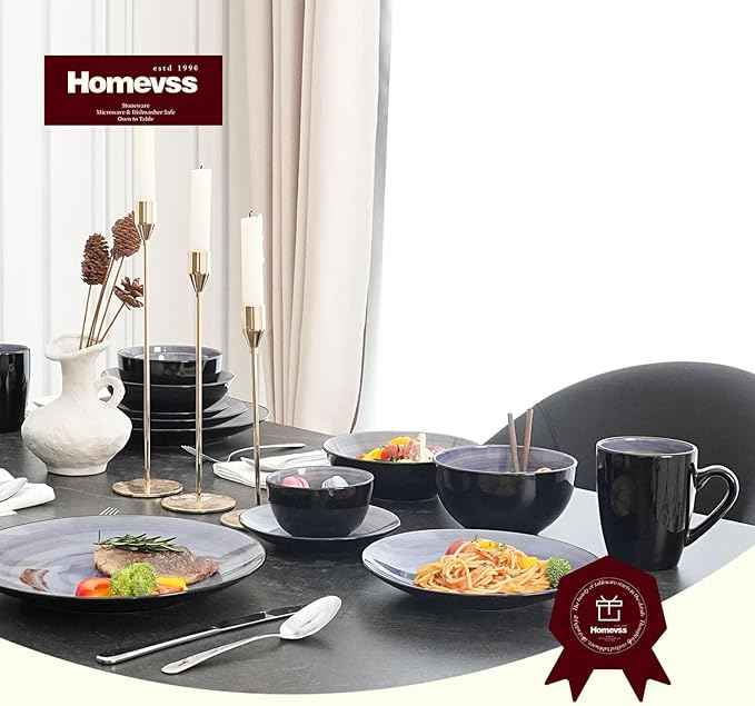 Stoneware Sonoma 56pc Dinnerware Set, Black + Speckled Spin Wash Cobalt