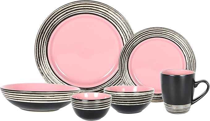 48 Piece Dinnerware Set, Ceramic Plates and Bowls Sets for 8, Microwave and Dishwasher Safe, Handcrafted Tree Bark Series Dish Set, Rose/Pink