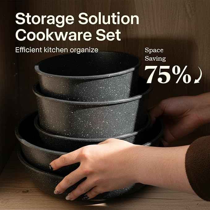Pots and Pans Set Non Stick, Ceramic Cookware Sets 21 PCS, Granite Induction RV Kitchen Portable Stackable Cooking Set Removable Handles, Dishwasher ＆ Oven Safe, Black