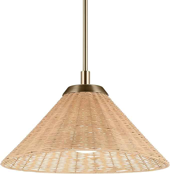 KICHLER Bekah 1-Light Convertible Pendant, Global Boho Light with Opal Glass and Handwoven Rattan Shade in Champagne Bronze, Sloped Ceiling Compatible, for Kitchen or Bedroom (10" x 18"), 52729CPZ