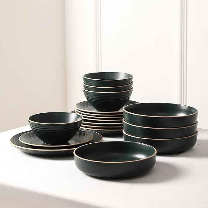 Stone Lain Lauren Modern Stoneware 16-piece Round Dinnerware Set, Plates and Bowls Set, Dish set for 4, Dark Green