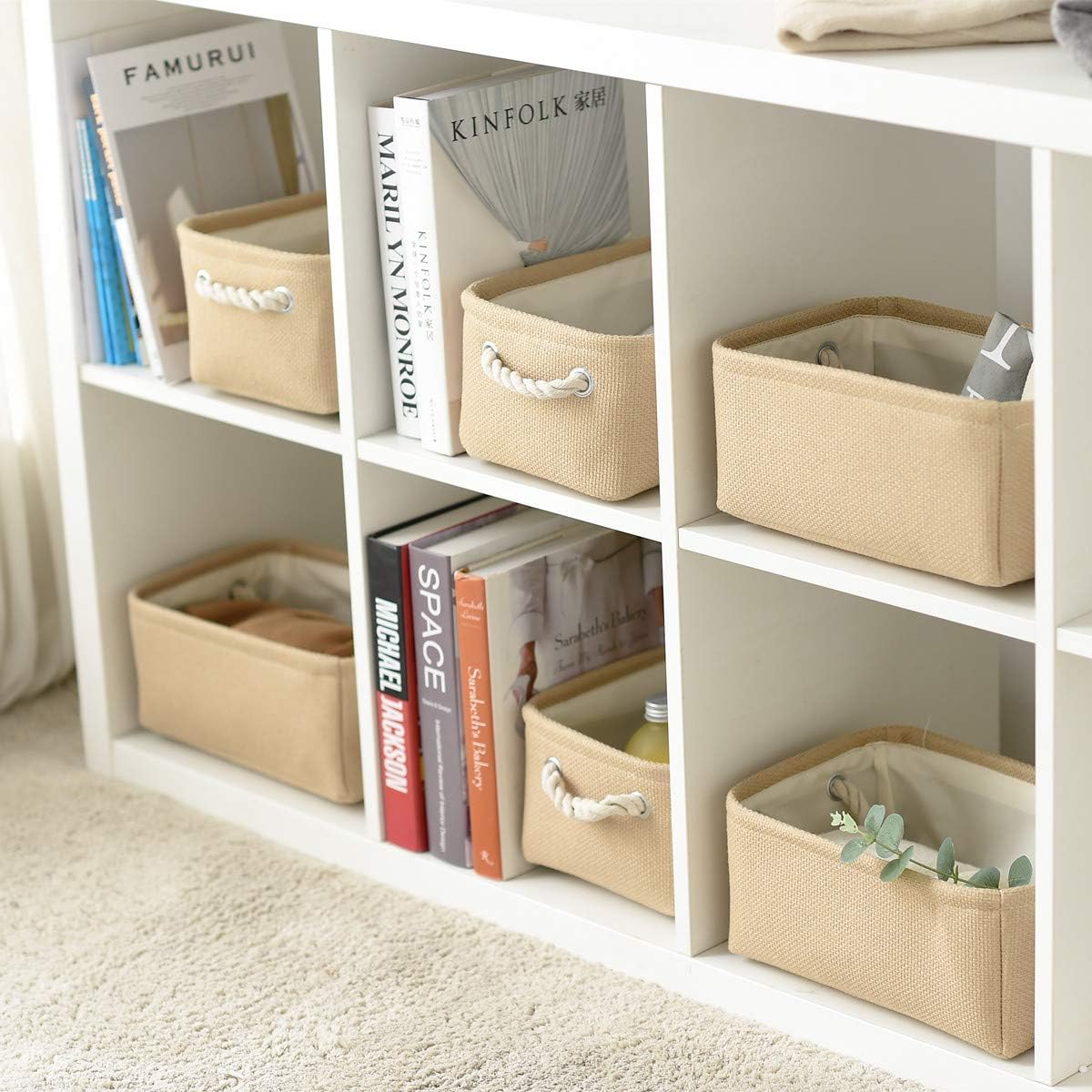 TheWarmHome Storage Basket for Organizing - Small 6 Pack 11.8x7.8x5.2 inch Fabric Storage Cubes with Cotton Rope Handle, Collapsible Storage Bins Baby Storage Toy Nursery (Beige)