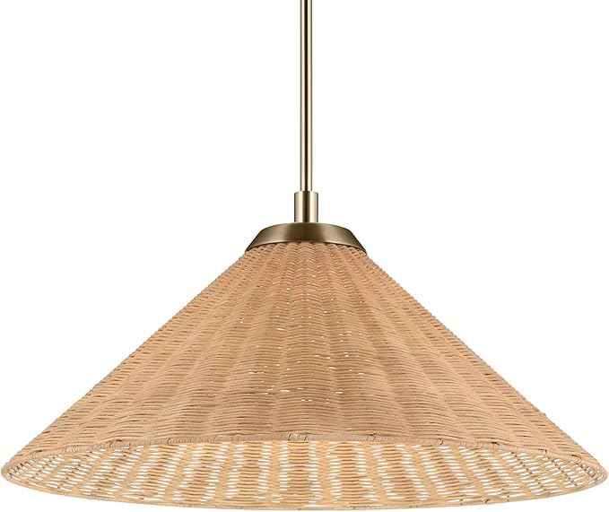 KICHLER Bekah 1-Light Convertible Pendant, Boho Light with Opal Glass and Handwoven Rattan Shade in Champagne Bronze, Sloped Ceiling Compatible, for Dining or Living Room (11.75" x 24.25"), 52730CPZ