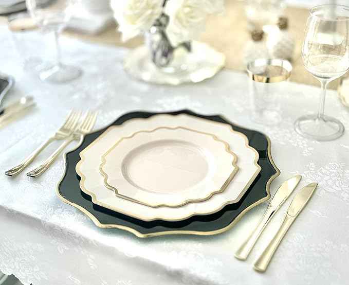 OCCASIONS 960 Piece Disposable Dinnerware Set for 120 Guests – Heavy Duty Plastic Plates, Gold Cutlery, Cups, Napkins – Elegant Party Plates for Wedding, Banquet, Events – Imperial Ivory & Gold