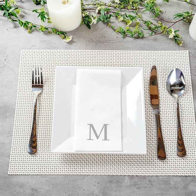 Luxenap 15.8 X 7.9 Inch Linen-Feel Guest Towels, 50 Lettered Hand Towels - Silver Letter 'M', Sans Serif Font, White Paper Dinner Napkins, airlaid, For Restrooms And Tables - Restaurantware
