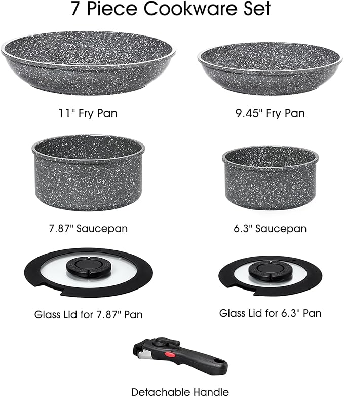 ROSSETTO 7pcs Pots and Pans Set Non Stick from France, Ceramic Cookware Set with Removable Handle, Induction RV Kitchen Cookware Set, Stackable, PFOA and PFAS Free, Oven Safe, Black Granite