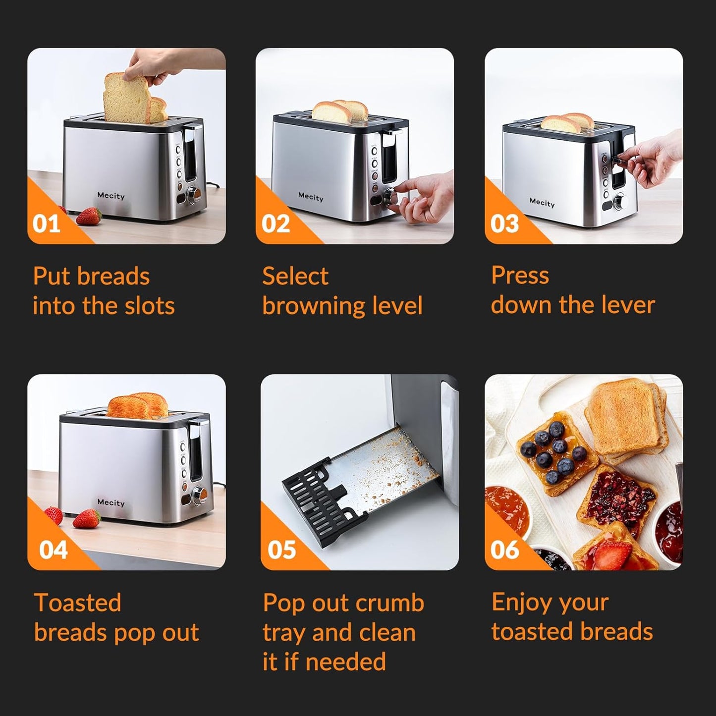 Mecity Toaster 2 Slice Stainless Steel with Countdown Timer, Bagel / Defrost / Reheat / Cancel Functions,Warming Rack, Removable Crumb Tray, 6 Browning Settings, Extra Wide Long Slots, Bread Toaster, 800 Watts