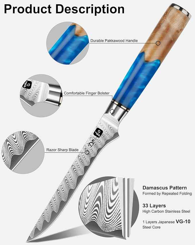 Damascus Boning Knife 6 Inch,VG10 Core Steel with 66-Layers High Carbon,Professional Boning Knives for Meat Poultry Chicken,Blue Resin & Wood Handle,Ideal Gift for Chefs and Cooking Lovers