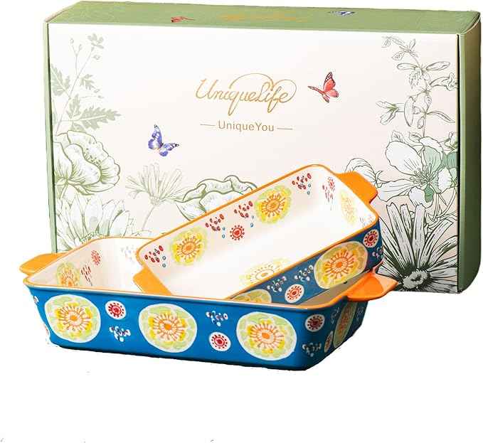 Ceramic Baking Dish Set, 2-Piece Stoneware Bakeware with Handles, 3QT & 1.2QT Casserole Dishes for Oven to Table, Microwave Dishwasher Safe, Lead-Free, Hand-Painted Bakeware -Ocean Blue
