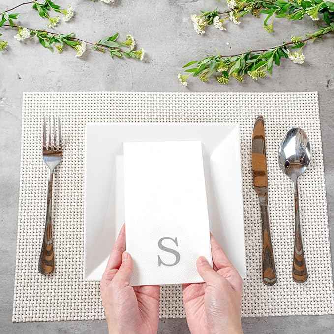 Luxenap 15.8 X 7.9 Inch Linen-Feel Guest Towels, 50 Lettered Hand Towels - Silver Letter 'S', Sans Serif Font, White Paper Dinner Napkins, airlaid, For Restrooms And Tables - Restaurantware
