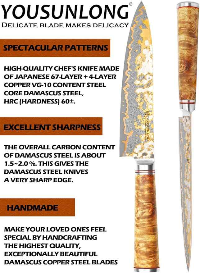 YOUSUNLONG Chef Knife - 8'' Blade Japanese Handmade Copper Damascus Steel - Professional Chef's Knife - Razor Sharp Slicing Knife - Naturel Burl Wooden Handle with Leather and Acacia Wood Box
