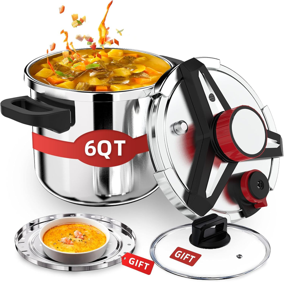 3-In-1 Stainless Steel Pressure Cooker 6.3 Quart: [Save 70% Time] [3 PSI Settings], One-Hand Locking, Induction Compatible, Glass Lid & Steamer Rack Included, Olla de Presion