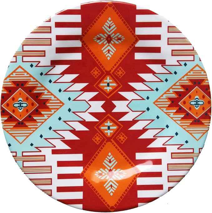 Paseo Road Southwest 14 Piece Melamine Plastic Dinnerware Set with Plates, Bowls and Serving Platter, Aztec Geometric Pattern, Western Southwestern Rustic Cabin Lodge Style