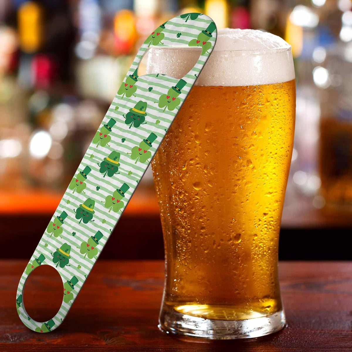 Clovers Stainless Steel Bottle Opener Shamrock and Green Leprechaun Hats Saint Patrick's Day Striped Pattern Flat Beer Bottle Opener Keychain for Home Kitchen Bar Restaurant Party Gift